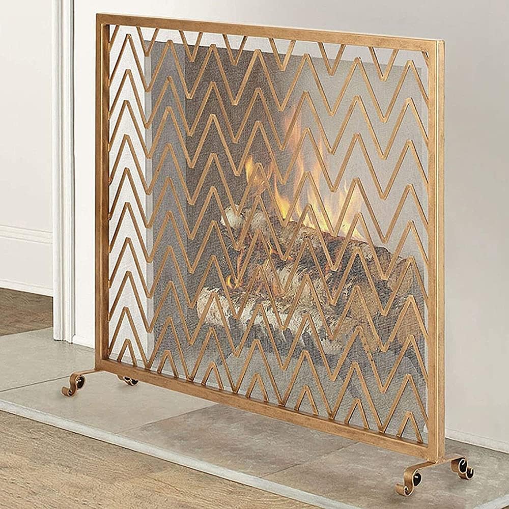 Black Fireplace Screen Guard, Spark Guard with Mesh Design, Freestanding Fire Panel for Stoves & Grills, 39.4" x 31.9", Durable Safety Barrier for Open Fires (Gold)