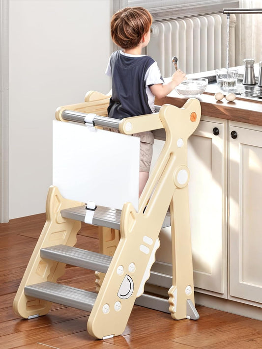 VBABY Foldable Toddler Tower, Plastic Kids Kitchen Stool, Adjustable Height Toddler Step Stool, Certified Standing Tower, White