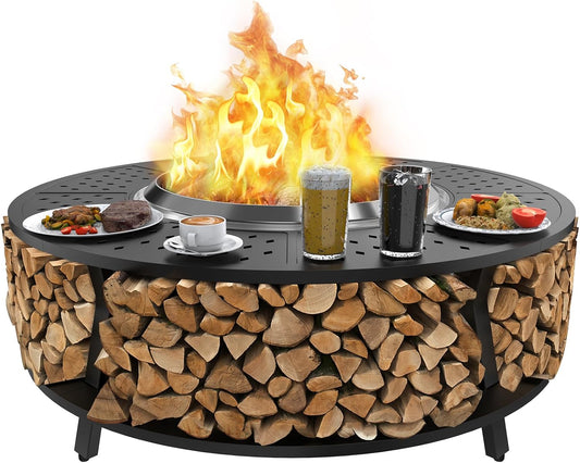 Uniflasy 48" Fire Pit Surround Tabletop for Solo Stove Yukon, Bonfire & Tiki, Portable Protective Barrier Equal Width Design with Firewood Storage Shelf for Safety & Extra Space, Outdoor FirePit Table