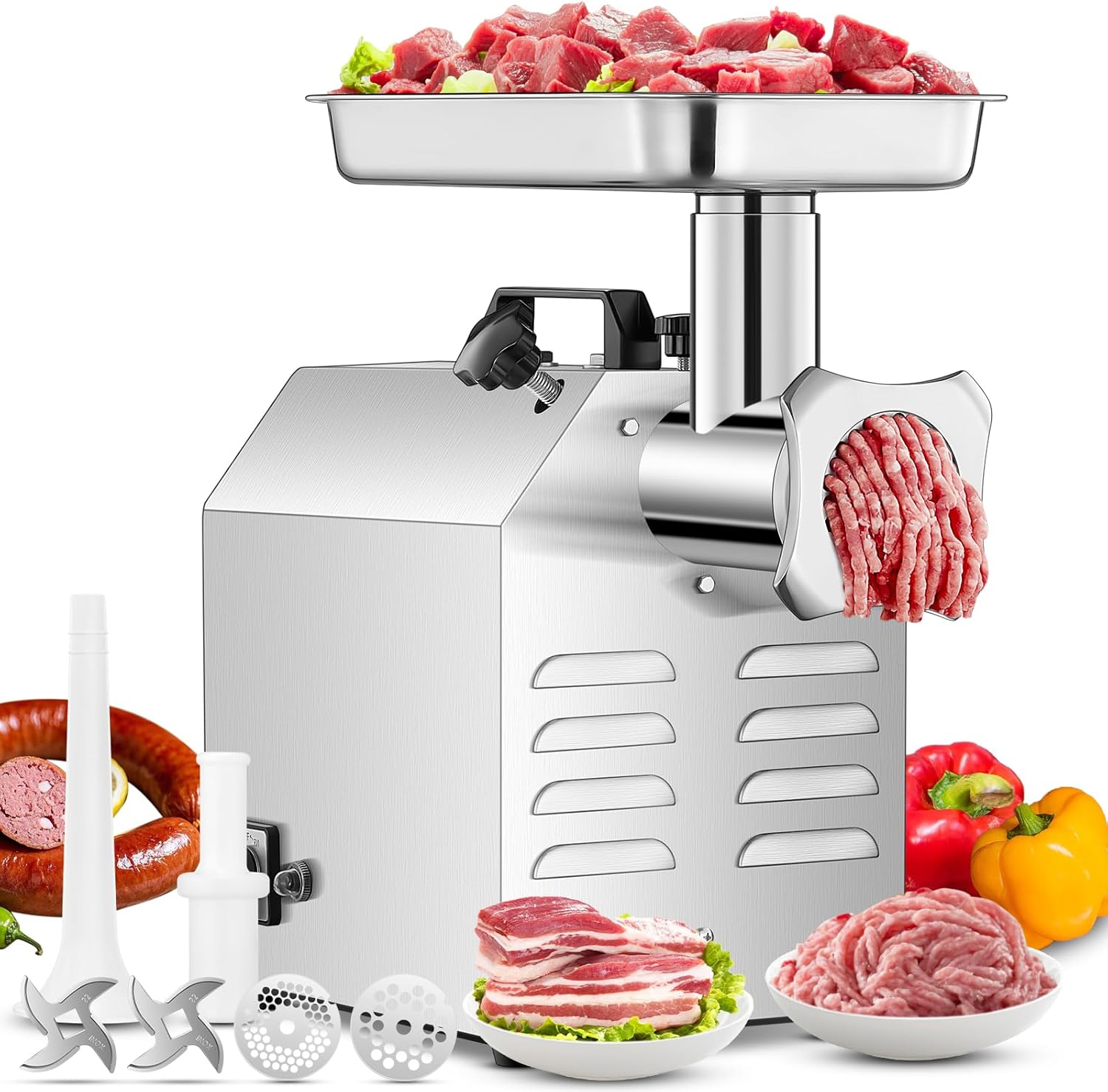 #12 Commercial Meat Grinder, 840 LB\/H,1.2HP, Heavy Duty Industrial Meat Grinder, Sausage Stuffing Machine with 2 Stainless Steel Blade, 2 Grinding Plates, Sausage Kit (#12-840LB\/H)