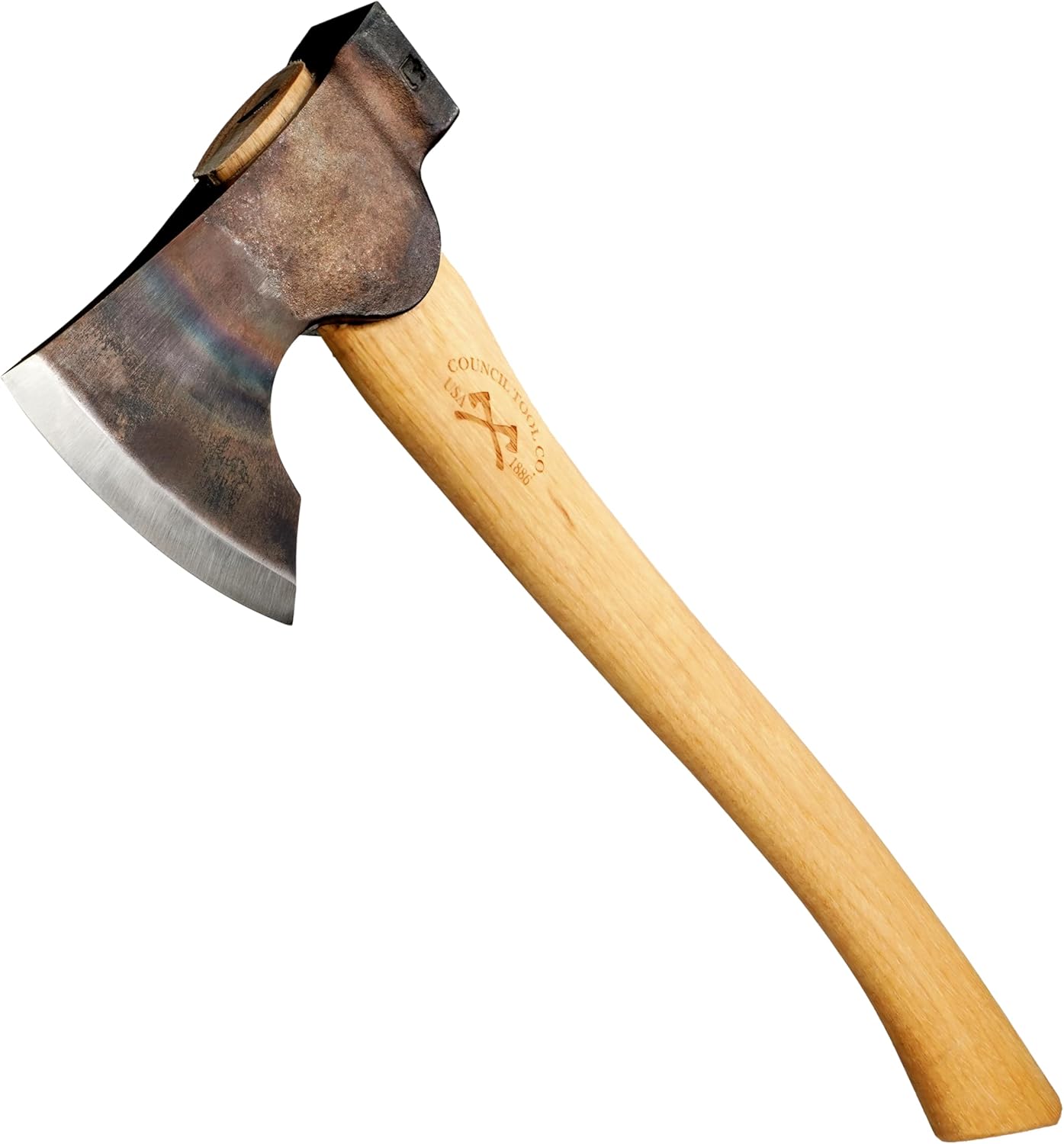 COUNCIL TOOL Wood-Craft Camp Carver Axe - 1.7 lbs Bushcraft Axe with 16" Curved Hickory Handle & Leather Sheath - WC17CCA16C