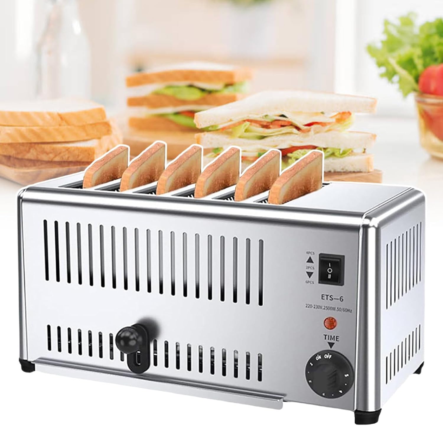 Commercial 6 Slice Toaster, Removable Crumb Tray, Small Double-Sided Toaster, 1-5 Min Timed Baking, Stainless Steel Material, for Restaurant House Kitchen Bakery