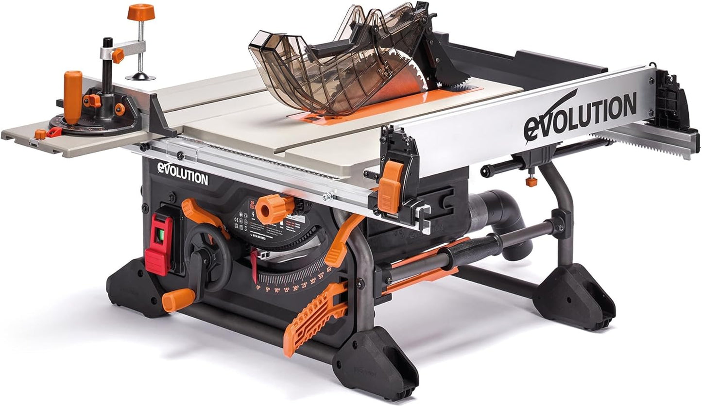 Evolution R10TS 10" Jobsite Table Saw | 15A Powerful Motor | Multi-Material Cutting | 10" TCT Blade | 26\u201D Rip Capacity | 3-3\/8\u201D Cut Depth | 0-45º Bevel | Precision Fence | Portable & Heavy-Duty