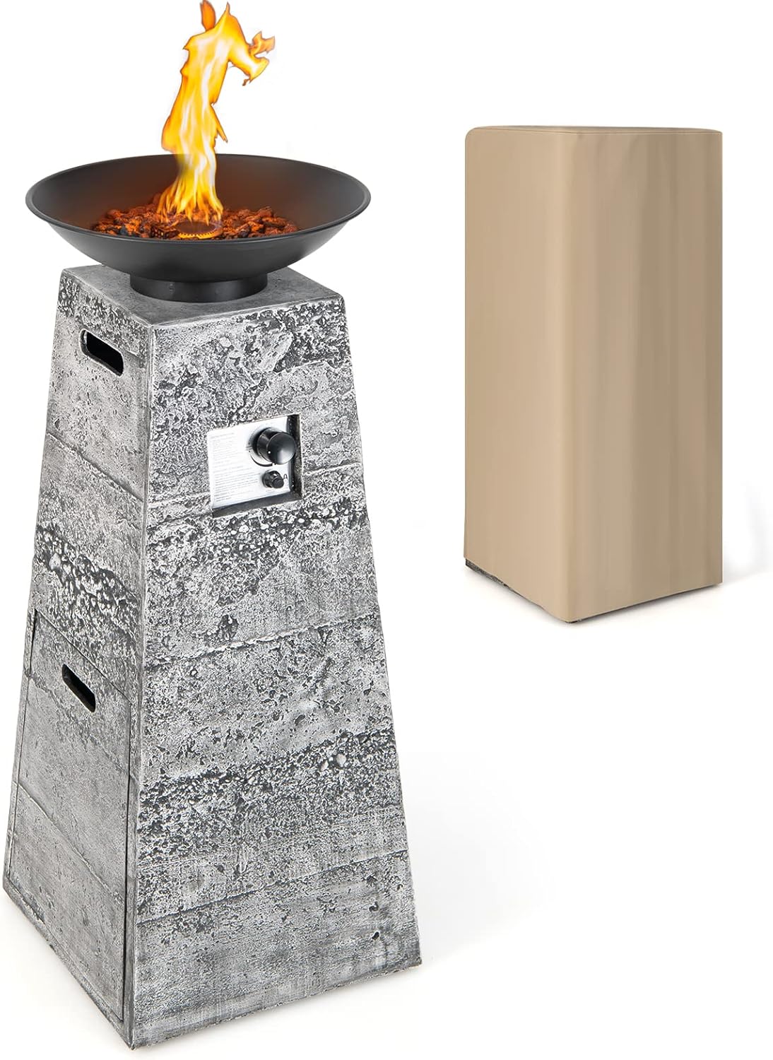 COSTWAY Propane Fire Bowl Column, Outdoor Burning Fire Bowl W/Lava Rocks & PVC Cover, 30,000 BTU Heat Output, Stainless Steel Burner, Ideal for Backyard, Poolside, Simple Installation