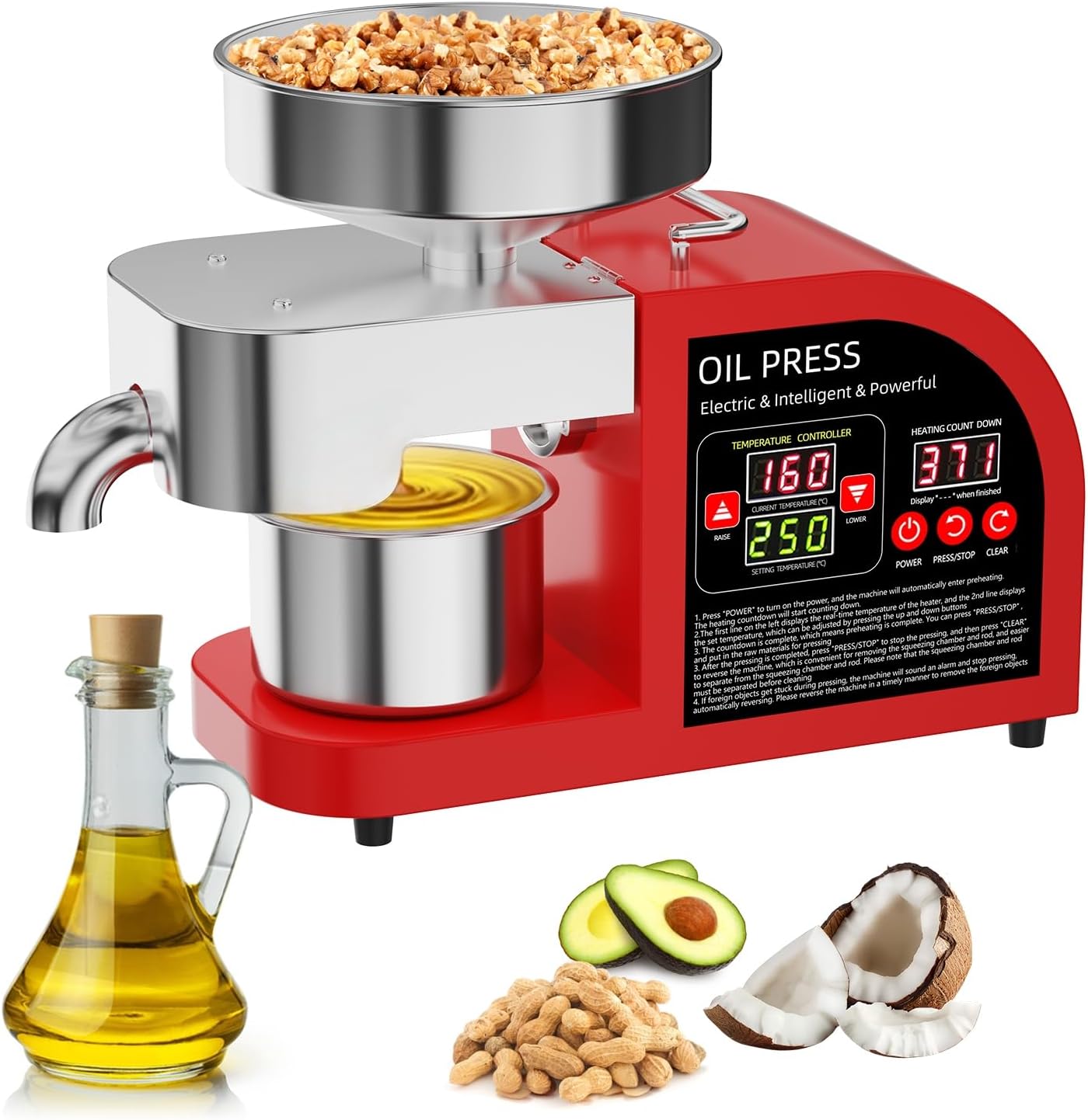 1000W Electric Oil Press Machine, Hot & Cold Press Oil Machine for Home & Commercial, Automatic Oil Extractor for Walnut Olive Avocado Peanut Soybean Sesame Coconut Sunflower Seeds -Red