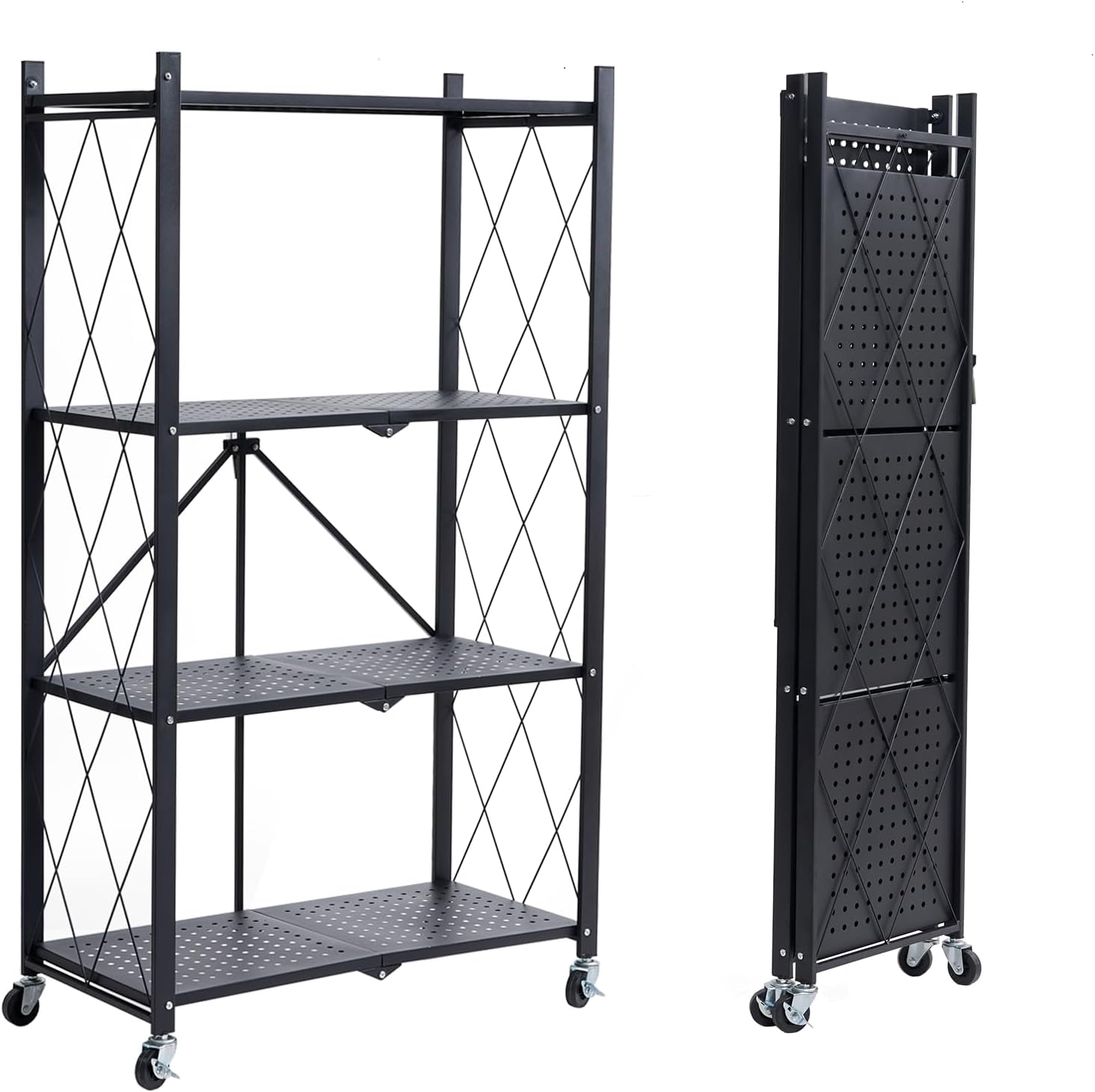 BRIAN & DANY 4-Shelf Foldable Storage Shelves with Wheels, Folding Metal Rack Shelving Unit, Heavy Duty No Assembly Organizer Shelf for Garage, Kitchen, Basement, Pantry, Black