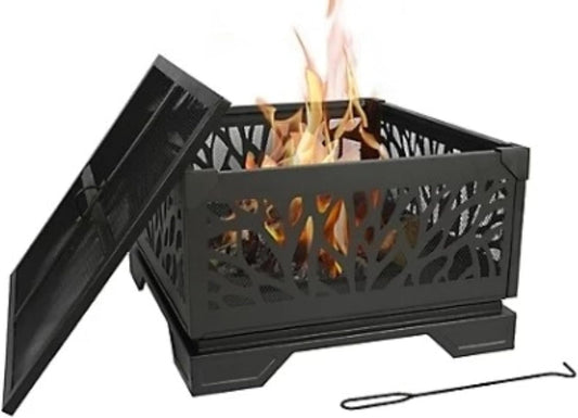 26" Square Wood-Burning Fire Pit with Mesh Screen and Poker – Powder-Coated Steel Outdoor Firepit for Backyard or Patio Gatherings