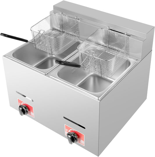 Commercial LPG Gas Deep Fryer w/ 2 Fry Baskets, Stainless Steel Countertop Gas Fryer Kitchen Frying Machine Snack Fryer for French Fry Restaurants Supermarkets Fast Food Stands