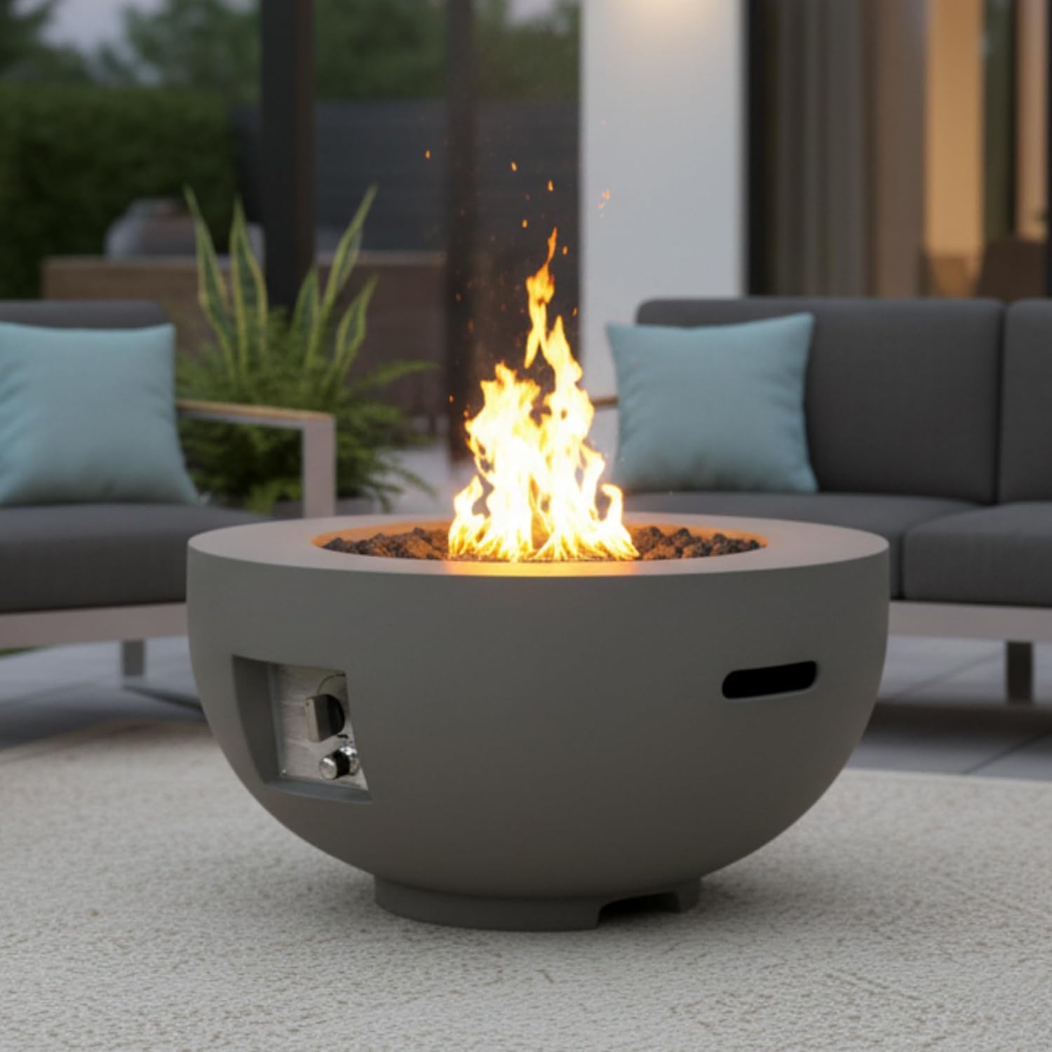 HillAethel 28-inch Outdoor Round Fire Pit Table,40,000 BTU Fire Pit Bowl, Light Concrete Propane Fire Pit with Free Lava Rocks, Rain Cover and Burner Lid, for Outside Patio, Garden, Deck, Light Grey