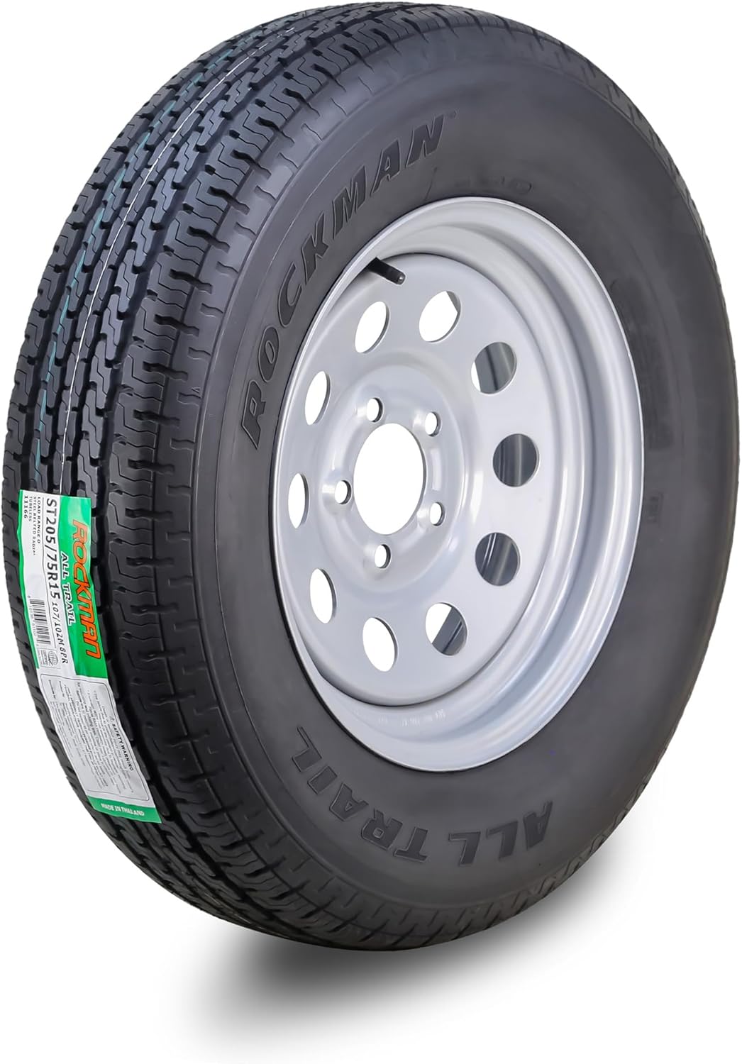 ROCKMAN Trailer Tire Wheel Assembly ST205\/75R15 8-Ply D 107M 5 Lug on 5" PCD Silver Mod Rim
