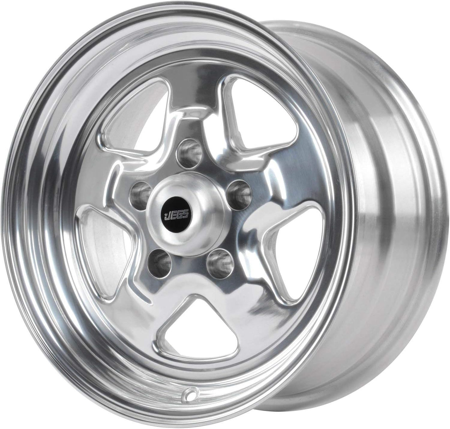 JEGS Sport Star Aluminum Wheel 15” x 7” | 5 x 4.75” Wheel Bolt Pattern Spacing | 0 mm Offset | 4” Backspacing | Polished Finish | 3.27” Center Bore | Includes Center Cap
