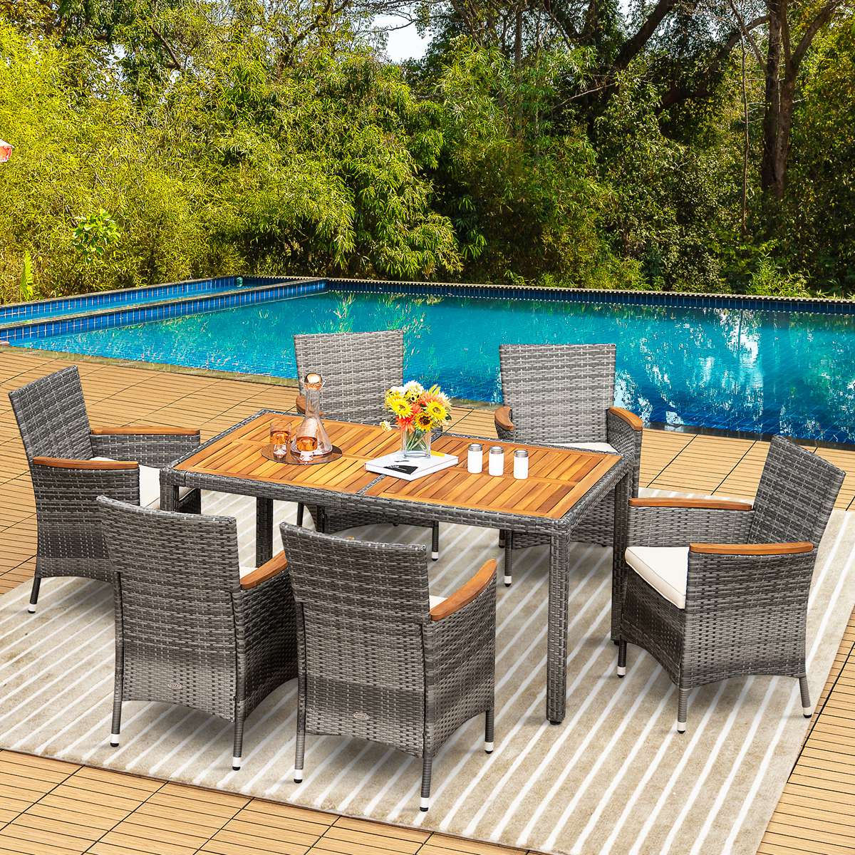 Costway  7PCS Patio Rattan Dining Set Acacia Wood Table Cushioned Chair Mix Gray