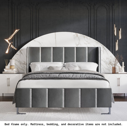 ChaletPosh King Light Grey Wood Upholstered Bed with Headboard
