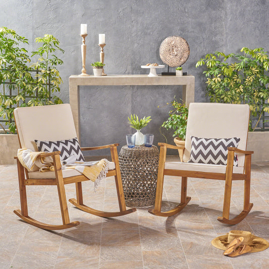 Christopher Knight Home Candel Outdoor Acacia Wood Rocking Chair  Set of 2-Teak Finish + Cream Cushion