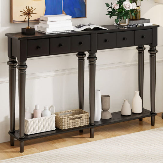 Coolbibila Black Solid Wood Console Table with 4 Drawers and Open Shelf Vintage MDF Entryway Table for Hallway