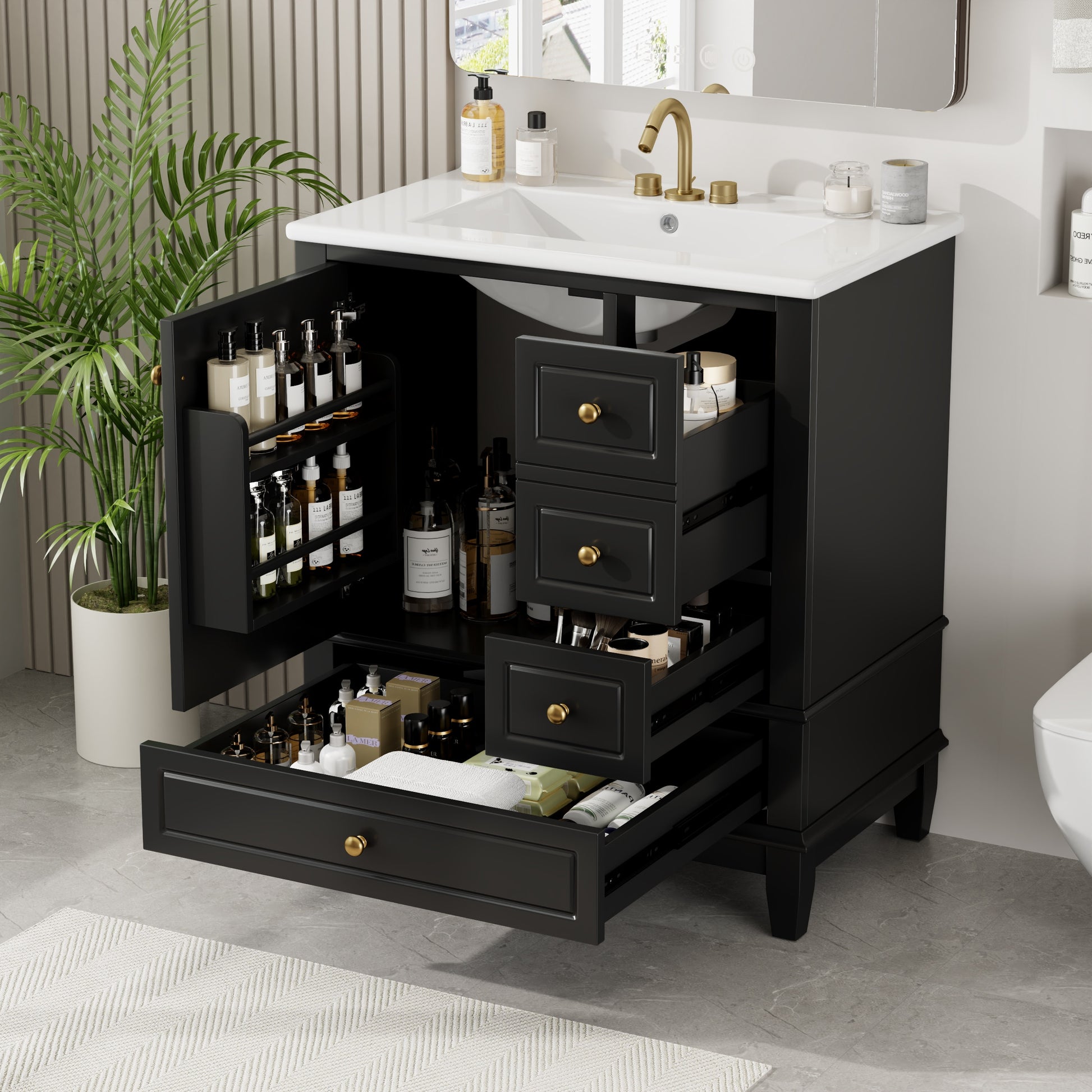 Christopher Knight Home 30 Inches Bathroom Vanity with Sink  One Door with Shelf and Three Drawers  Soft Close Door  Black