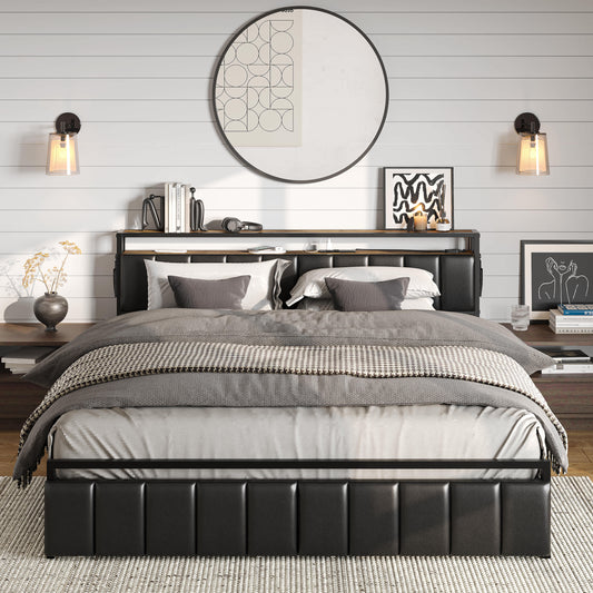 Bestier 53.94-in W Full Size 2-Shelves Black Full Size Bed Frame with Hidden Storage Headboard and Dual LED Light