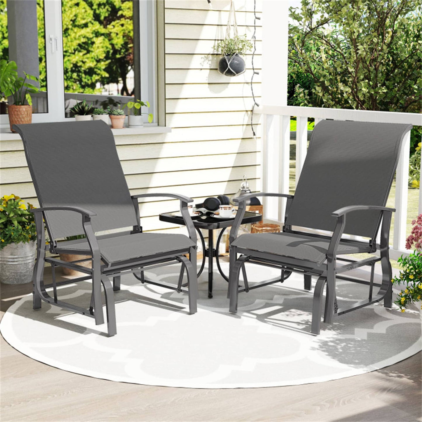 BABOOM Outdoor Glider Chairs Set of 2 Grey Metal Frame Glider Rocking Chair with Gray Fabric Sling Seat