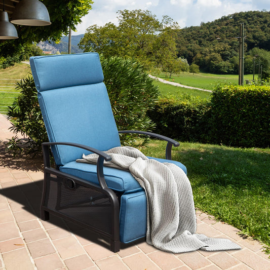 Boyel Living Metal Outdoor Recliner with Flip Table Push Back and Navy Blue Cushions