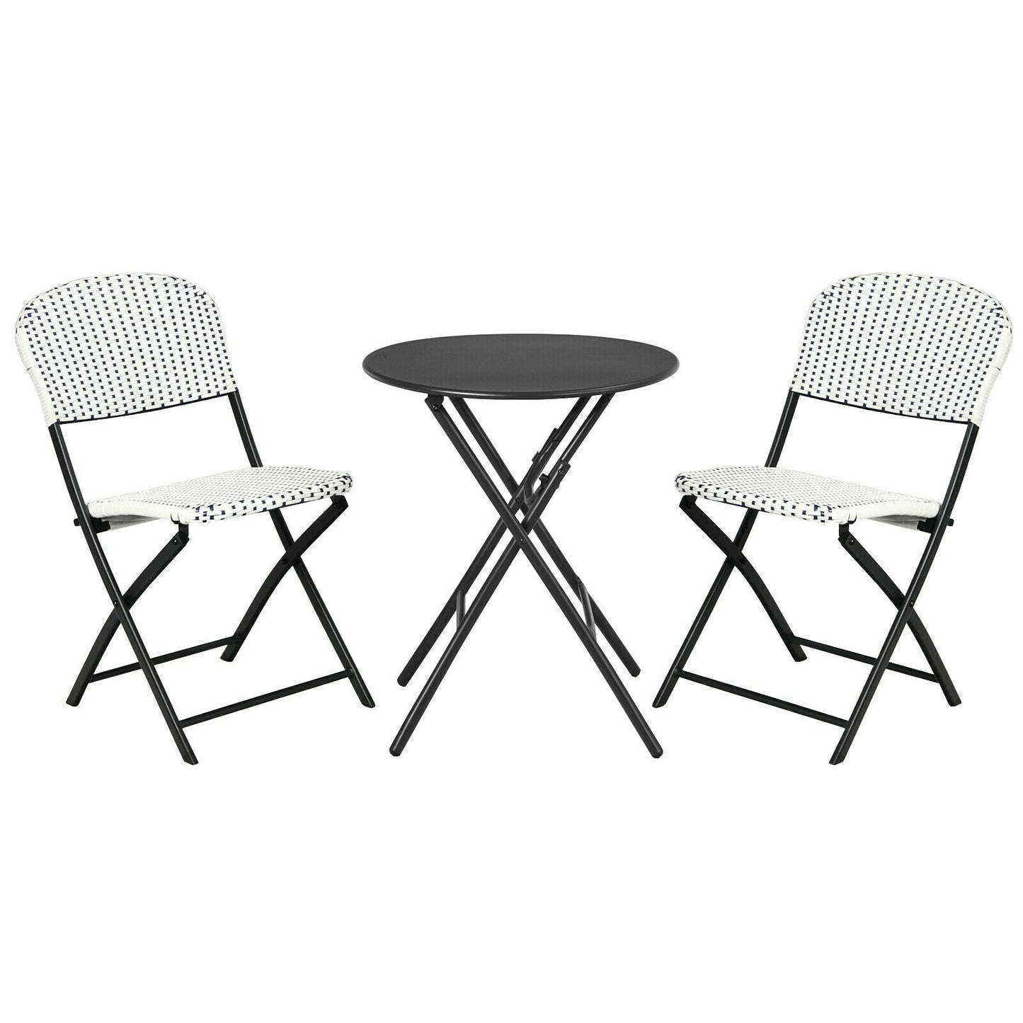 Slickblue 3-Piece Black Rattan Patio Bistro Set with 2 Chairs 1 Round Table Steel Frame Foldable Ergonomic High Backrests Patio or Poolside