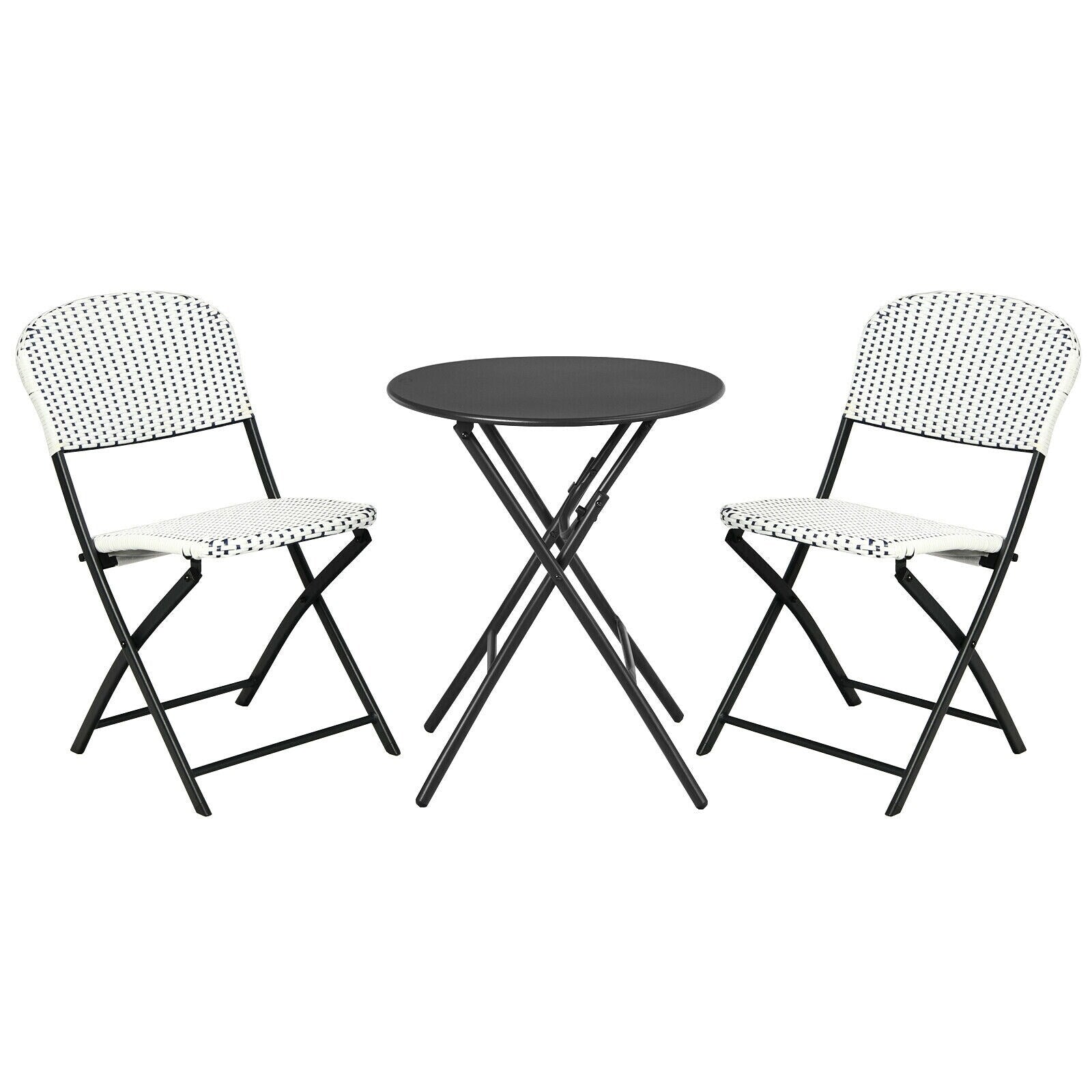 Slickblue 3-Piece Black Rattan Patio Bistro Set with 2 Chairs 1 Round Table Steel Frame Foldable Ergonomic High Backrests Patio or Poolside