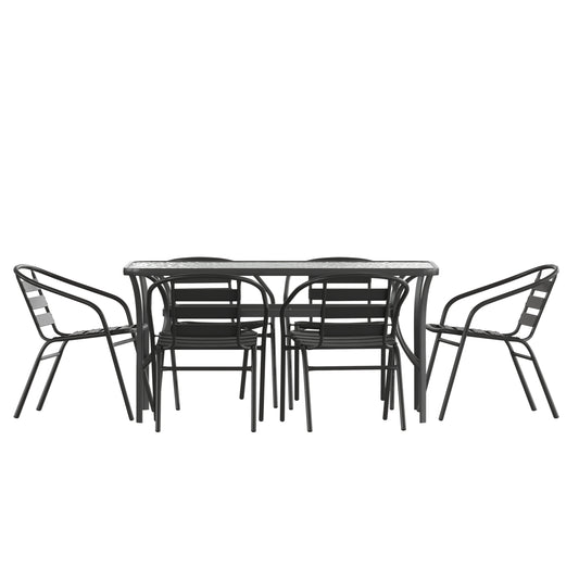 Flash Furniture Lila 7 Piece Commercial Outdoor Patio Dining Set with 60-in Tempered Glass Patio Table with Umbrella Hole and 6 Black Triple Slat Chairs