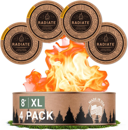 Radiate 4 Pack XL 8" Portable Campfire As Seen On Shark Tank - Up to 2 Hours of Burn Time, Reusable Travel Fire Pit for Camping, Patios and Beach Days - Great Alternative to a Real Fire - Made in USA