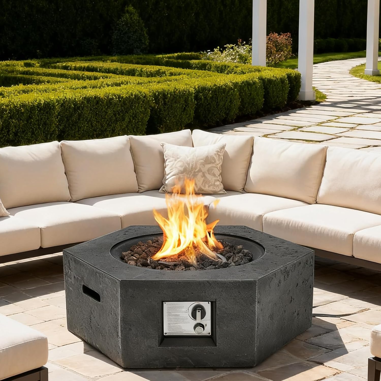 ECOTOUGE Hexagon Gas Fire Pit, Outdoor Propane Firepit Table Set w/Side Handles,50,000 BTU Concrete fire Pit, 30''Auto-Ignition Steel Fire Table w/Weather-Resistant Pit Cover, Lava Rocks, Black