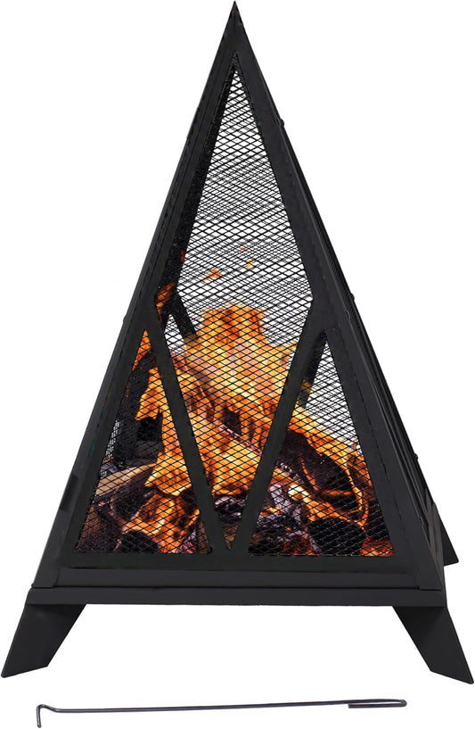 Sunnydaze Majestic Pyramid Heavy-Duty Steel Mesh Outdoor Fire Pit - Includes Protective Cover and Poker - Powder-Coated Black Finish