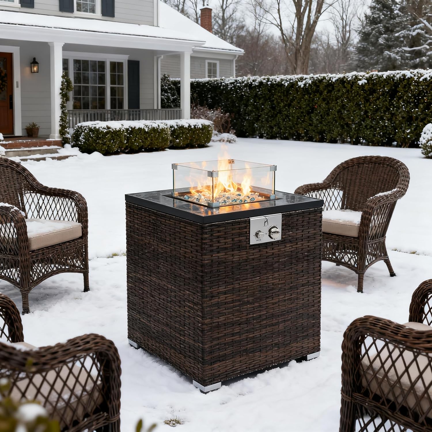 KWOJU 24" Propane Gas Fire Pit Table, 50000 BTU Square Fire Pit, Tile Tabletop with Beautiful Wicker Base for Outside Patio Deck Garden Courtyard (Black, 24Inch)