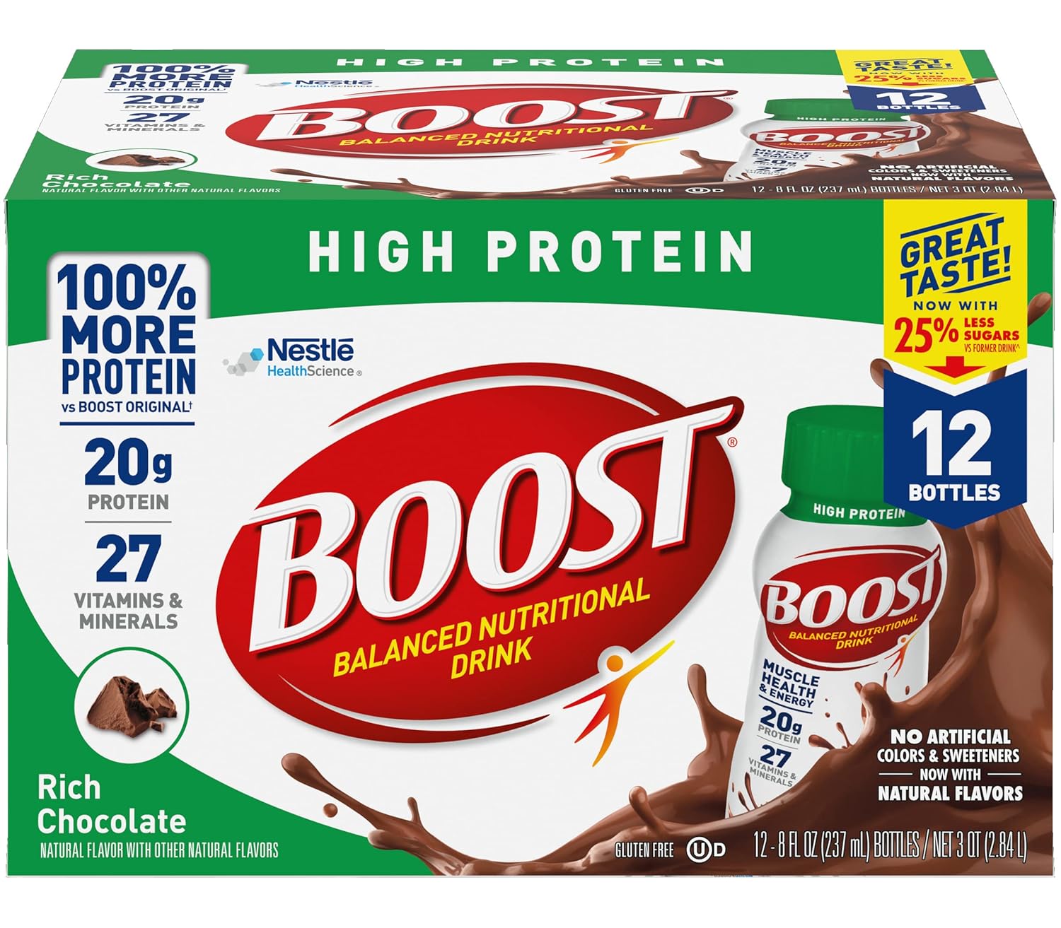 Boost High Protein Balanced Nutritional Drink, Rich Chocolate, Muscle Health & Energy with Protein, Vitamins & Minerals, 25% Less Sugars, 8 FL OZ Bottles, 12 CT (Pack of 1)