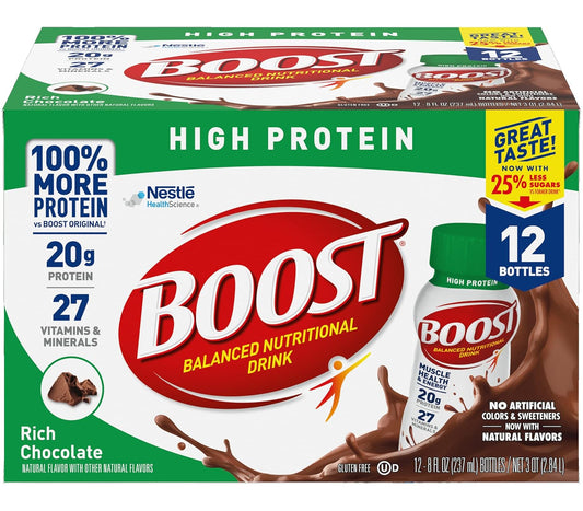 Boost High Protein Balanced Nutritional Drink, Rich Chocolate, Muscle Health & Energy with Protein, Vitamins & Minerals, 25% Less Sugars, 8 FL OZ Bottles, 12 CT (Pack of 1)