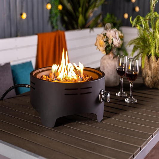 15" Portable Propane Tabletop Fire Pit, 40000 BTU Round Steel Outdoor Gas Fire Bowl with Lid & Lava Rocks for Camping Patio Deck Garden Balcony - Balck