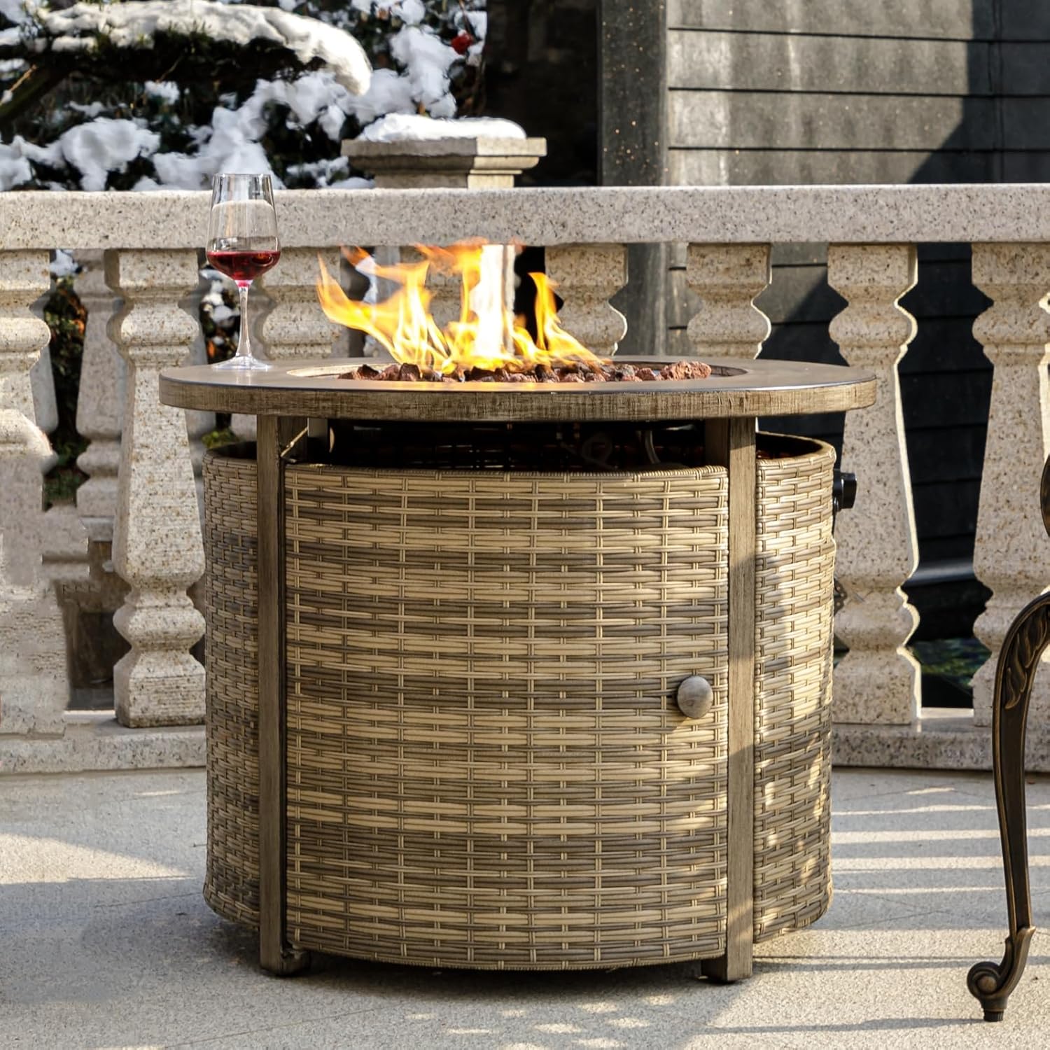 32 inch Propane Fire Pit Table,Wicker Gas Fire Pits Table with Lid & Lava Rocks, 50000 BTU Round Propane Firepit for Outside, Fire Table for Dining,Party, Patio,Yard