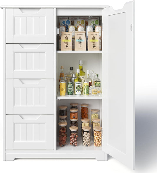 Gizoon 33" Kitchen Pantry Storage Cabinet with Door and Shelves, Small Food Pantry Cabinet Cupboard, Freestanding Wooden Bathroom Storage Cabinet with 4 Drawers for Kitchen and Dining Room, White
