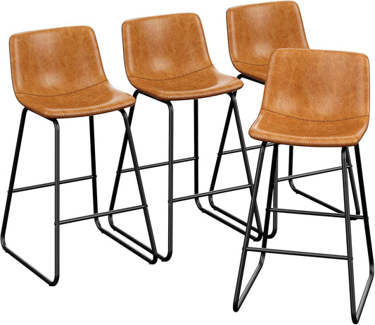 REONEY Bar Stools Set of 4, PU Leather Counter Height Bar Stools, 26" Modern Barstools with Metal Legs and Footrest, Urban Armless Dining Chairs with Backrest for Kitchen Island (Brown)