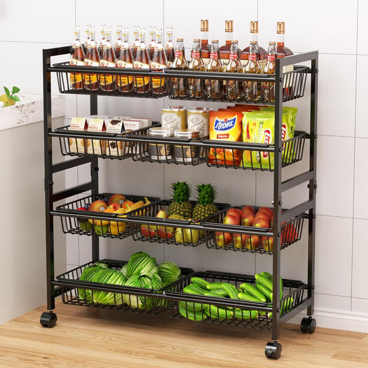 Cinati 4-Tier Kitchen Storage Cart, Adjustable Rolling Pantry Storage Cart with 10 Baskets & Handle, 29''L Metal Snack Cart with Wheels, Kitchen Shelf Organizer for Fruit, Vegetables, Potato(Black)