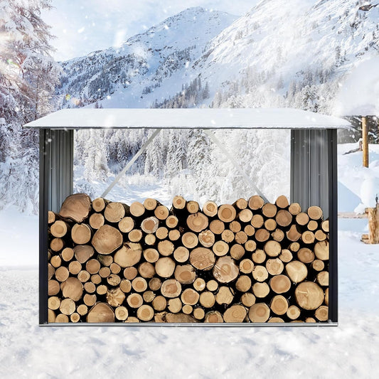 3' x7' Firewood Rack Outdoor, Metal Fire Wood Racks with Weatherproof Sloped Roof - Heavy Duty Galvanized Steel Log Rack, Open Wood Shed for Fireplace, Firewood, Pellet, or Lumber Storage - Black