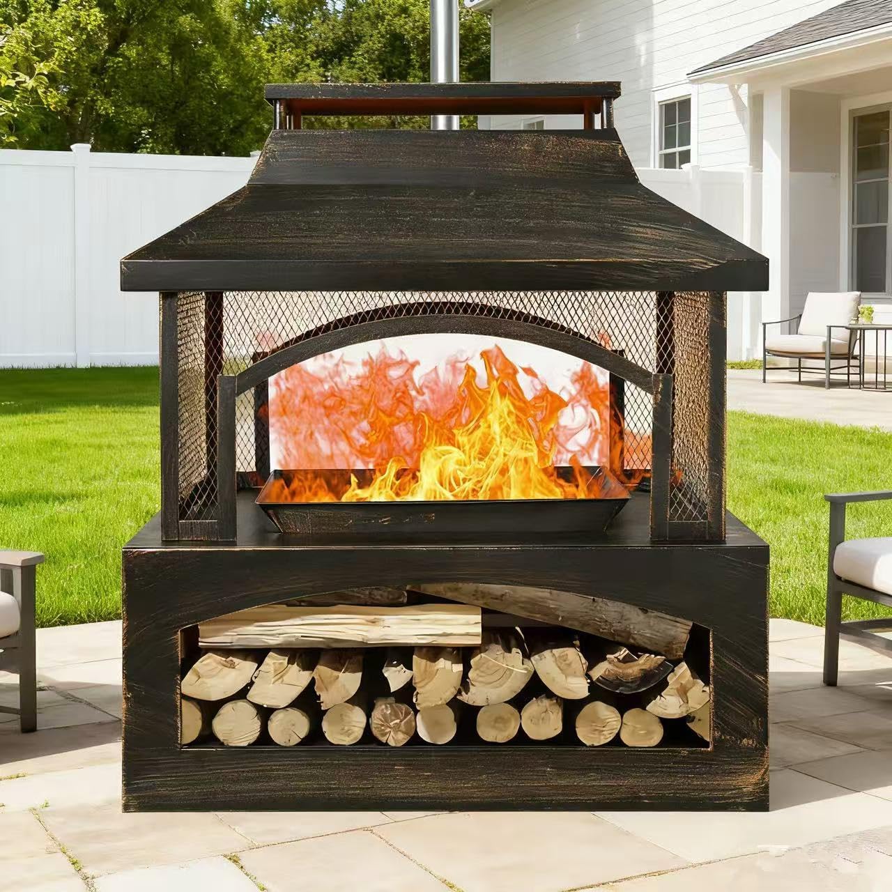 37-inch Rectangular Outdoor Wood Burning Fire Pit, Metal Fireplace with Spark Screen, Chimney Design with Mesh Screen，Log Storage & Poker, Brushed Bronze Patio Heater for Backyard Garden