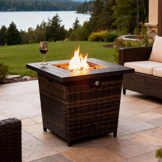 28" Propane Gas Fire Pit Table, 50000 BTU Square Steel Fire Pit with Beautiful Wicker Base & A Protective Cover for Outside Patio Deck Garden Home Essentials, Christmas, Thanksgiving Essentials, Black