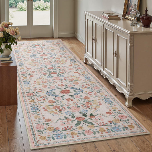 AMOAMI Vintage Floral Runners for Hallways Indoor, 2x6 Kitchen Runner Rug Non Slip Machine Washable Entryway Rug Runner Ultra Soft Boho Carpet Runner for Hallway Kitchen Bedside Entryway, Beige