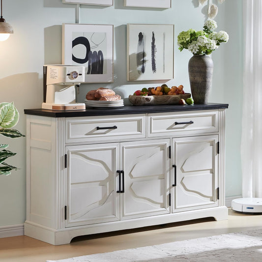 JXQTLINGMU 55" Large Buffet Sideboard Cabinet with 3 Doors and 2 Drawers, Buffet Table Coffee Bar Wine Bar Storage Cabinet for Dining Room, Living Room, Off White