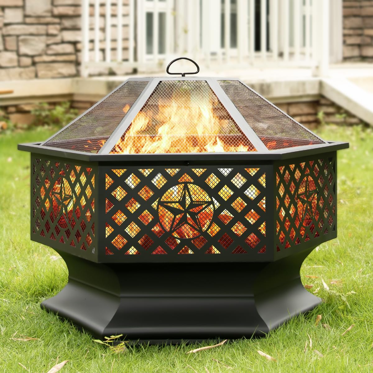 Panovue 33 Inch Outdoor Fire Pit, Hexagon Shaped Wood Burning Fire pits for Outside, Metal Firepit with Fire Poker&Mesh Cover for Bonfire, Patio, Yard, Garden,Beach and Camping (33'' Black)
