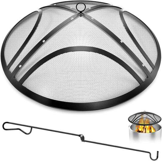 Fire Pit Spark Screen, Upgraded 36 Inch Outdoor Fire Pit Screen with Handle & Poker, Heavy-Duty Steel Fire Pit Cover Round Mesh Replacement Firepit Screen for Backyard\/Beach\/RV Camping
