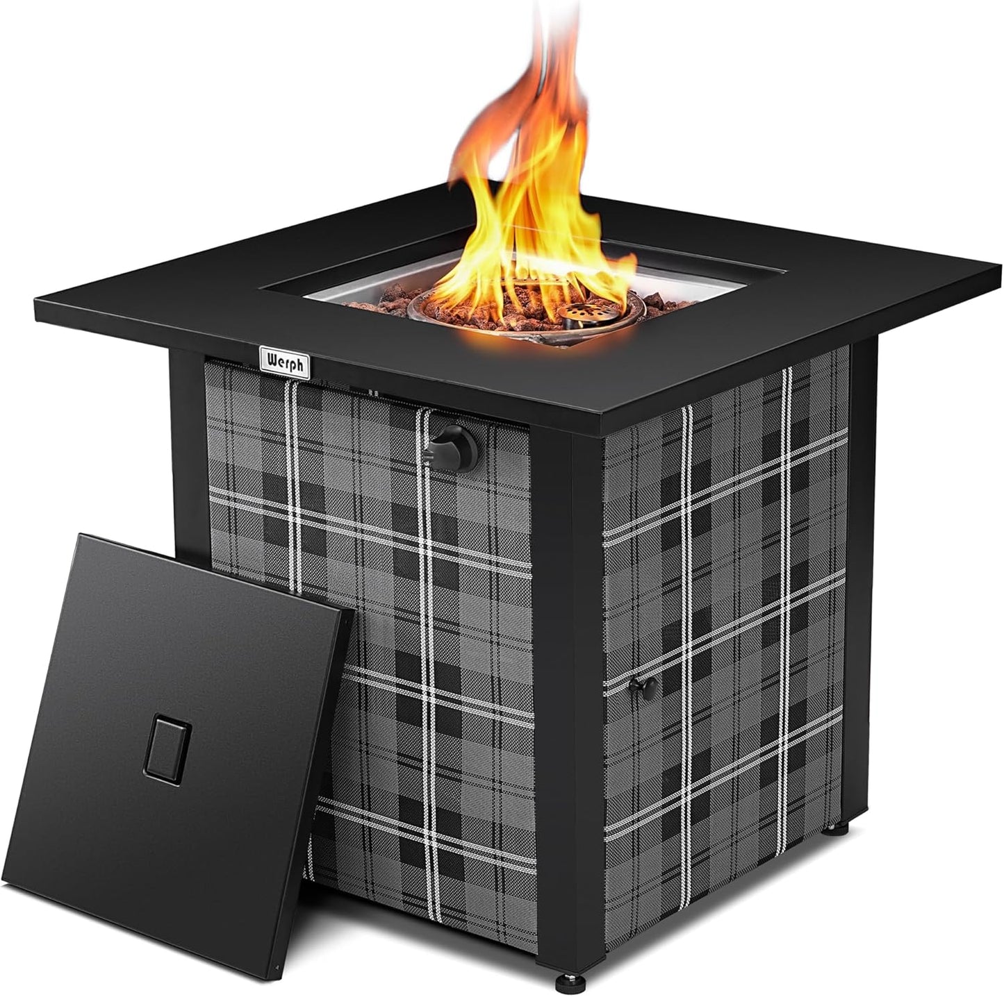 Werph 28 in Propane Fire Pit Table, ETL-Certified Fire Table with Lava Rocks for Patio Deck Garden Courtyard, 50,000 BTU Square Fire Pit Table with Lid, Black