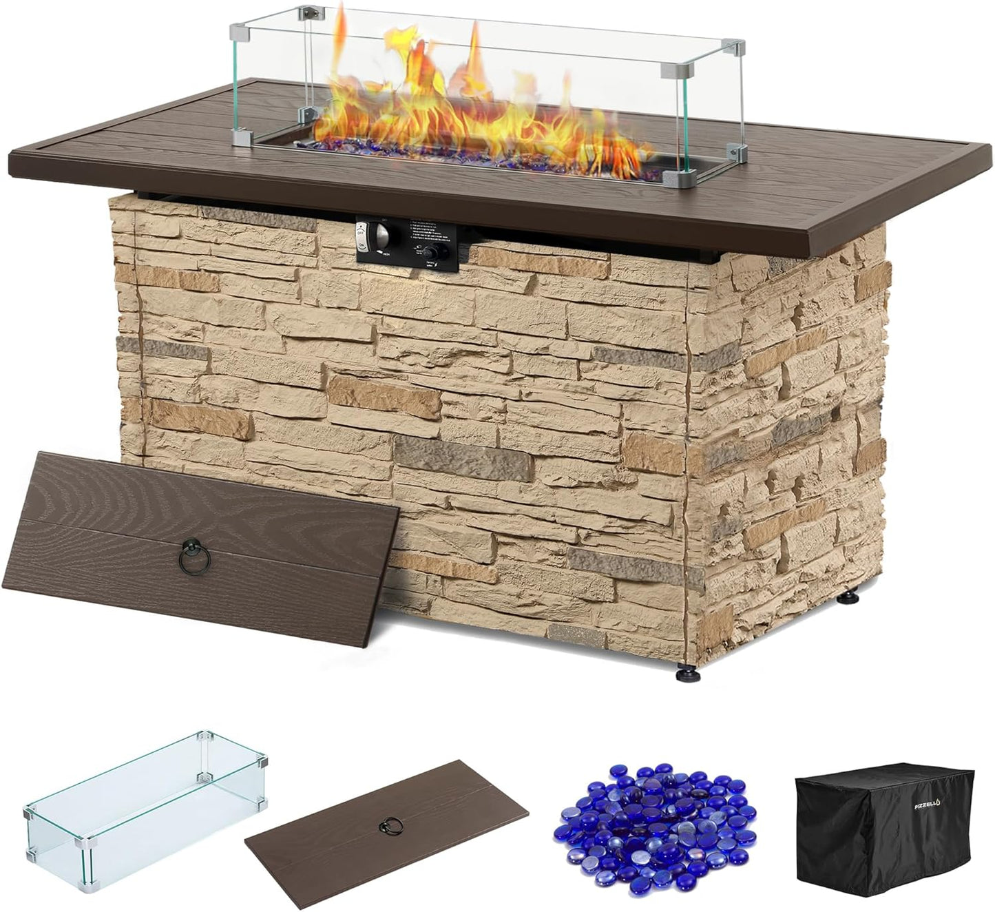PIZZELLO 43¡± Propane Fire Pit Table Outdoor Rectangular Stone Firepit Table 50,000 Btu Propane Fire Tables for Outside Patio with Glass Wind Guard, Lid, Fire Glass Beads,Buff Rock Look