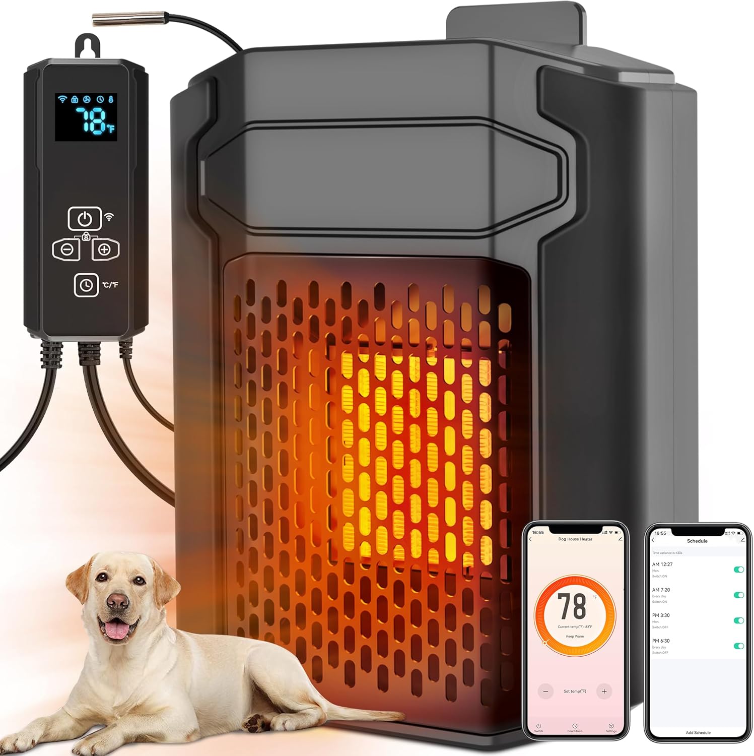 Dog House Heater with Thermostat & Smart APP WIFI Remote, 500W Fast Dog House Heaters Outdoor Doghouse, Chicken Coop, Pig Cat House, 41℉/113℉ Adjustable Temp & Timer, Pet Safe Space Electric Warmer