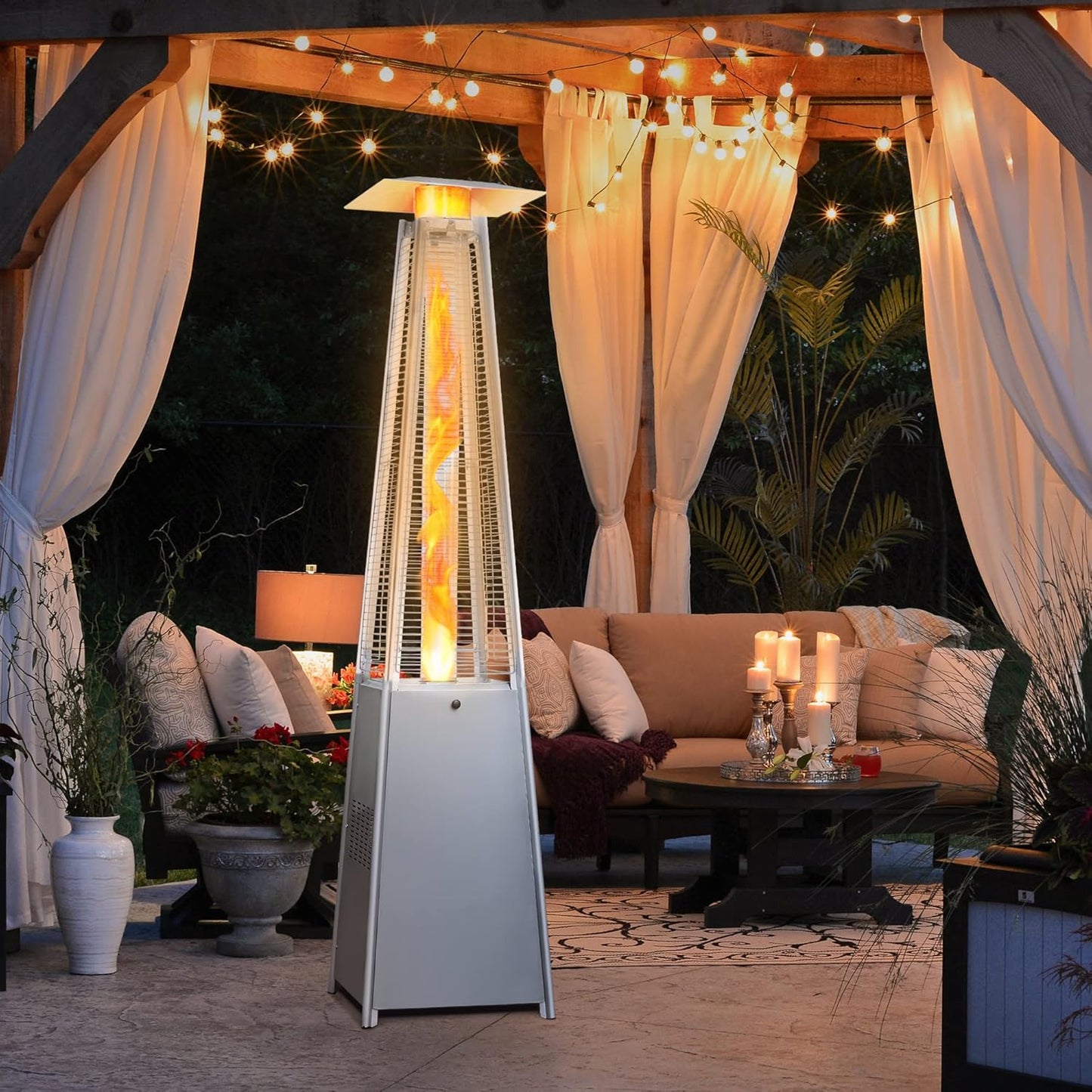 LAUSAINT HOME Pyramid Patio Heater, 48,000 BTU Outdoor Patio Heater All Stainless Steel, Upgraded Quartz Glass Tube Propane Heater for Backyard Commercial, Tip-Over Protection, Cover & Wheels