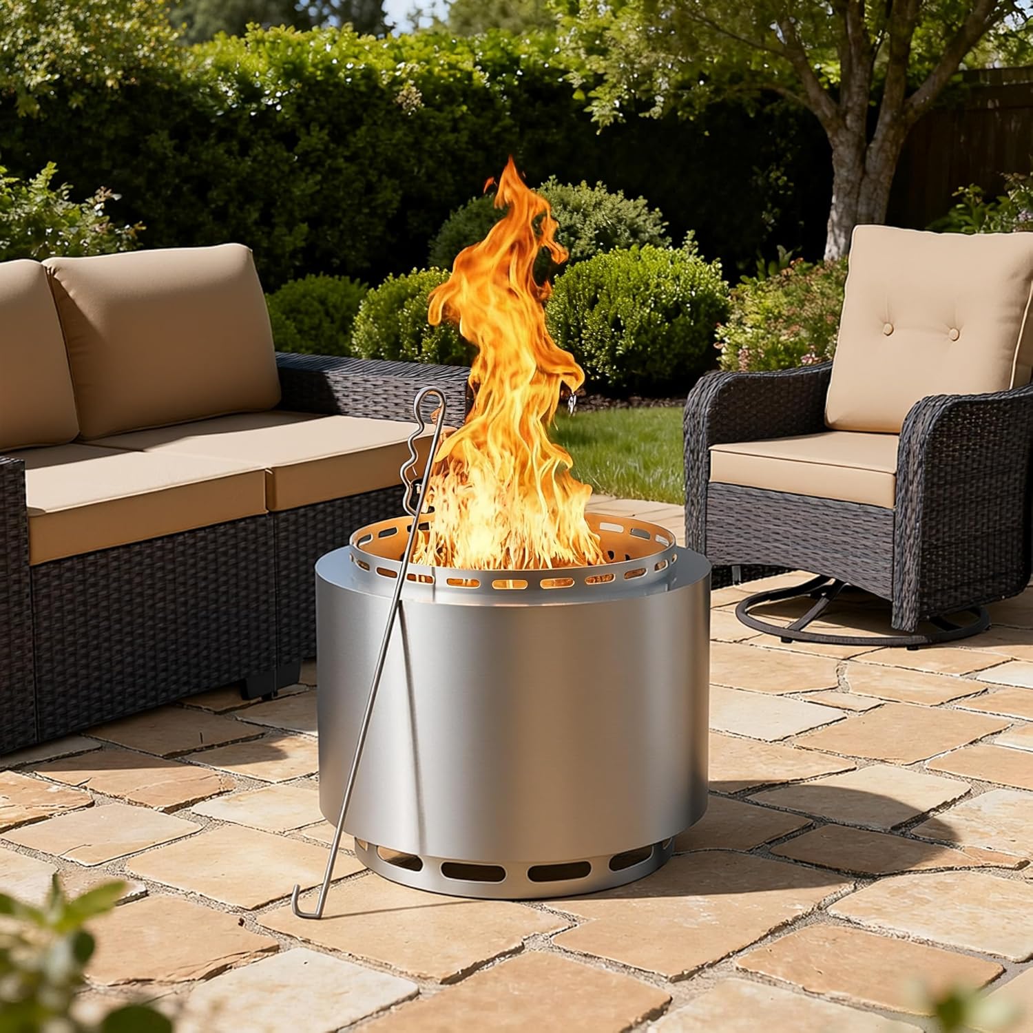 19 Inch Smokeless Fire Pit, Portable Outdoor Stainless Steel Fire Pit for Patio Backyard Garden Camping, Smokeless Technology