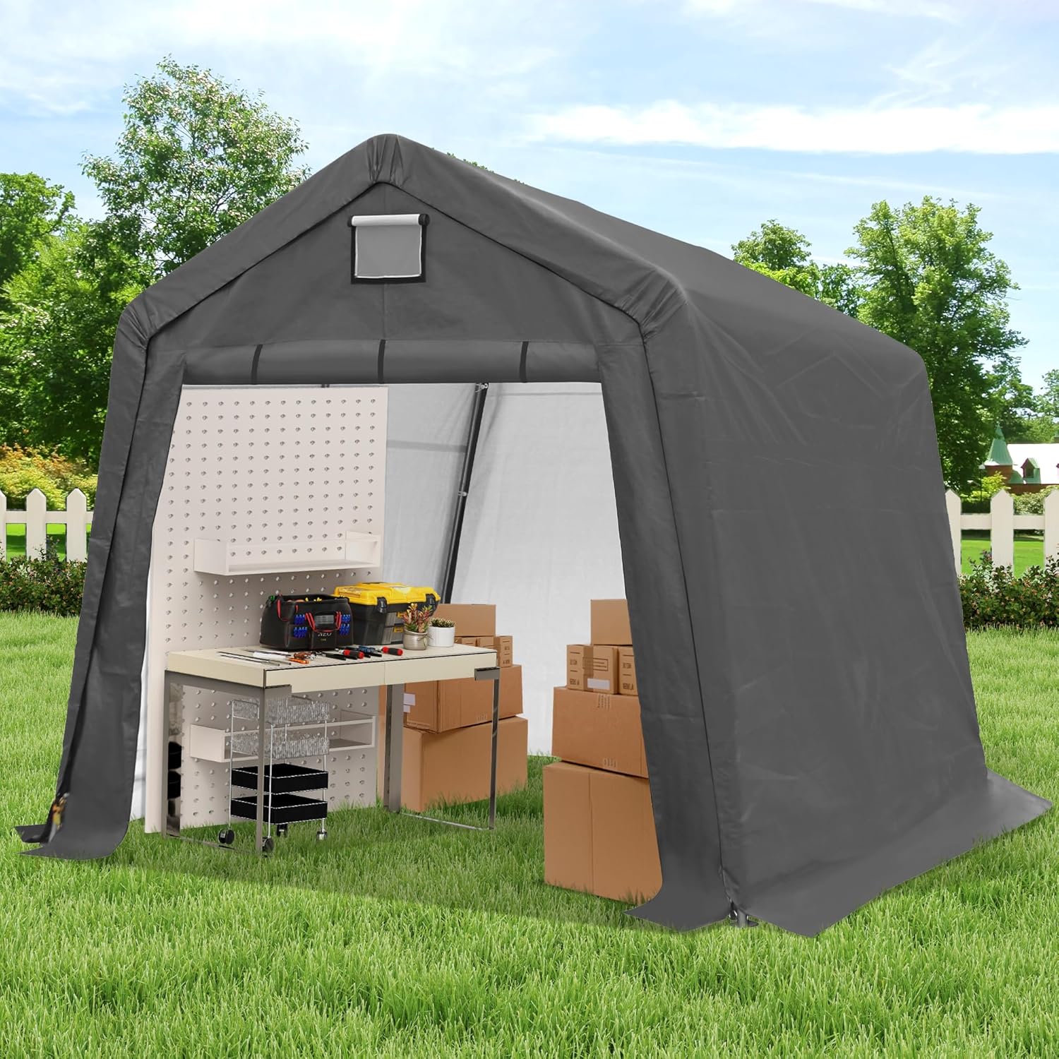 COVERONICS 10' x 10' Outdoor Storage Shed - Heavy Duty Portable Shelter Carport with Ventilation Windows and Roll-up Doors, Storage Shelter Tent for Motorcycle, Bike, Lawnmower and Garden Tools, Grey